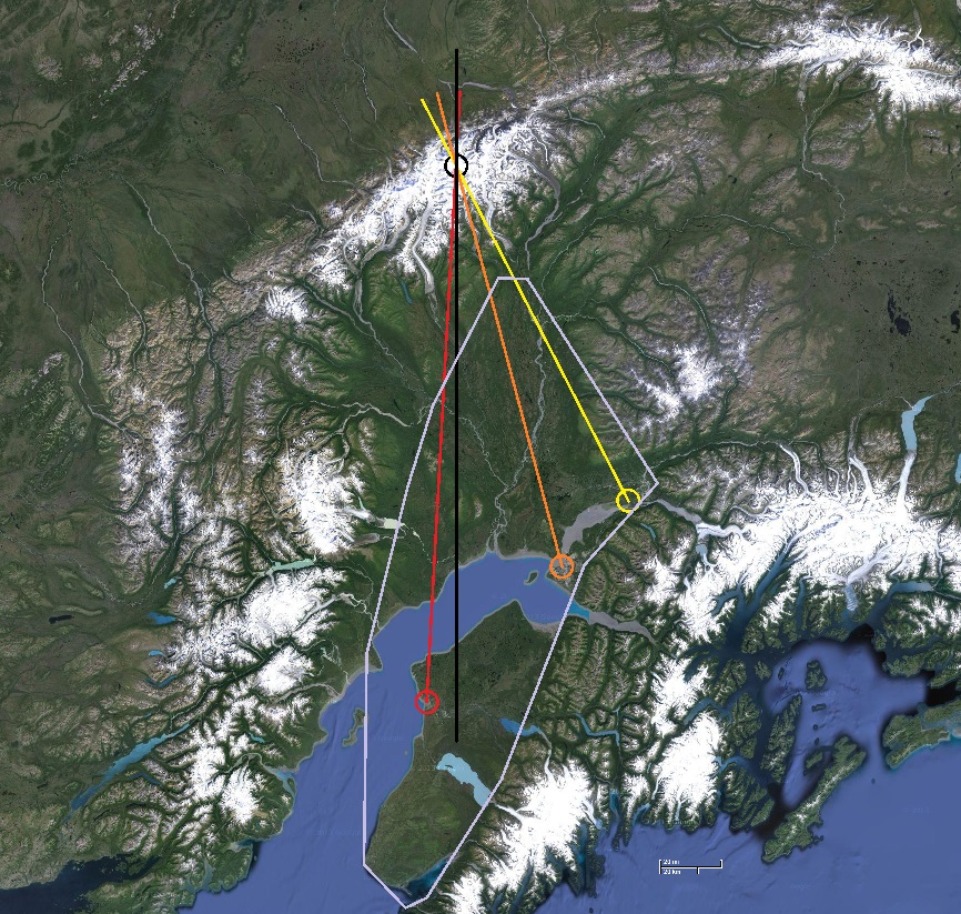 Satillite photo of viewing area with viewing locations and line of sight relative to true north centered on Mt. Denali